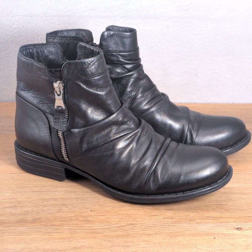 Miz Mooz Lucy Women's 8.5-9 EU 39 Ruched Zip Ankle Boots Black Leather Soft